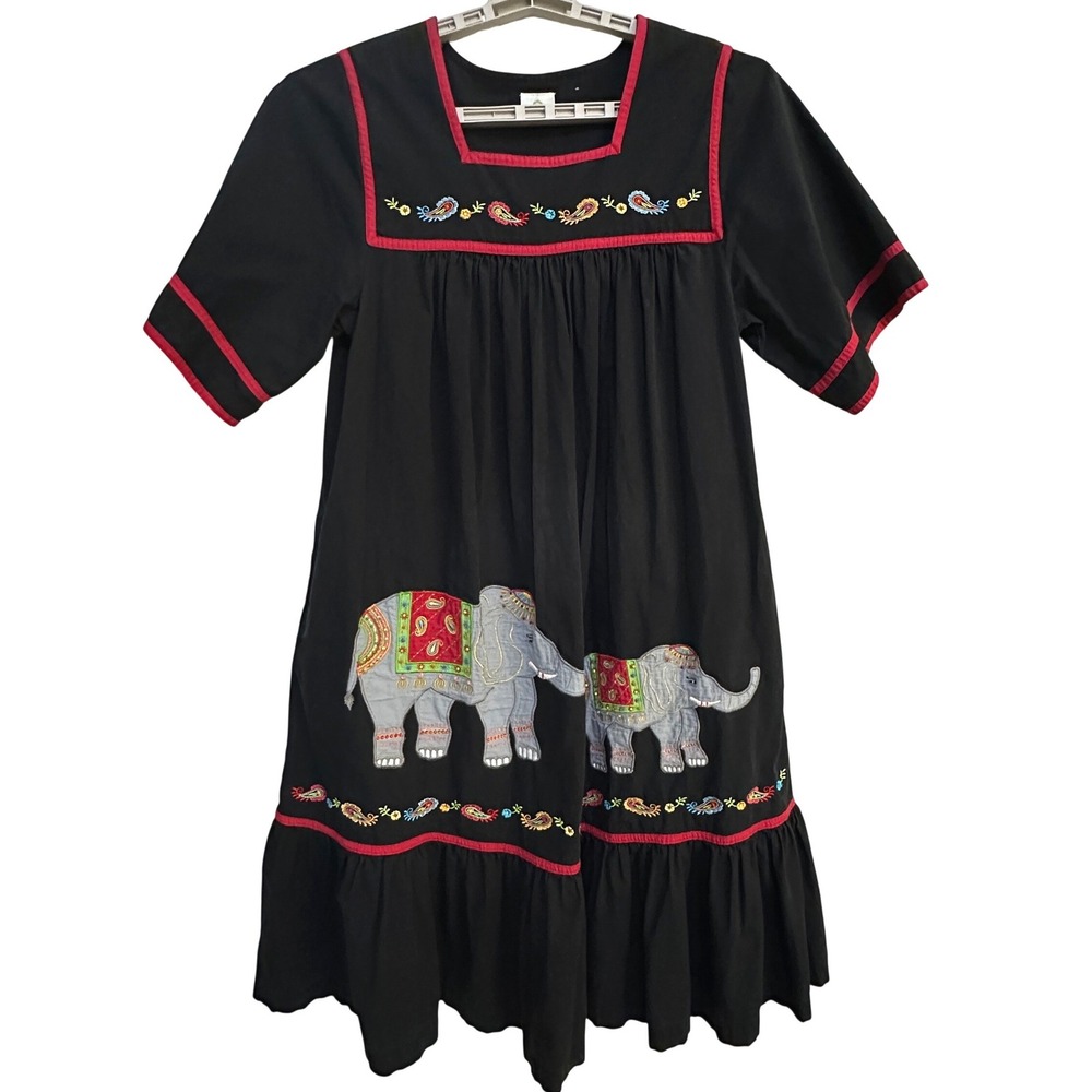 Smithsonian Institution Elephant Embroidered Midi House Dress XL Black Whimy Art